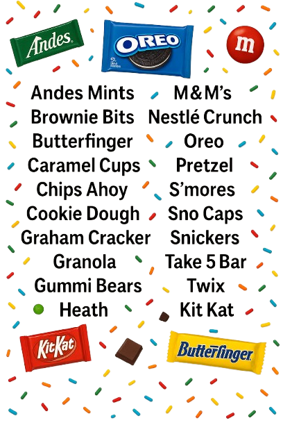 Candy, cookies, and more ice cream toppings.